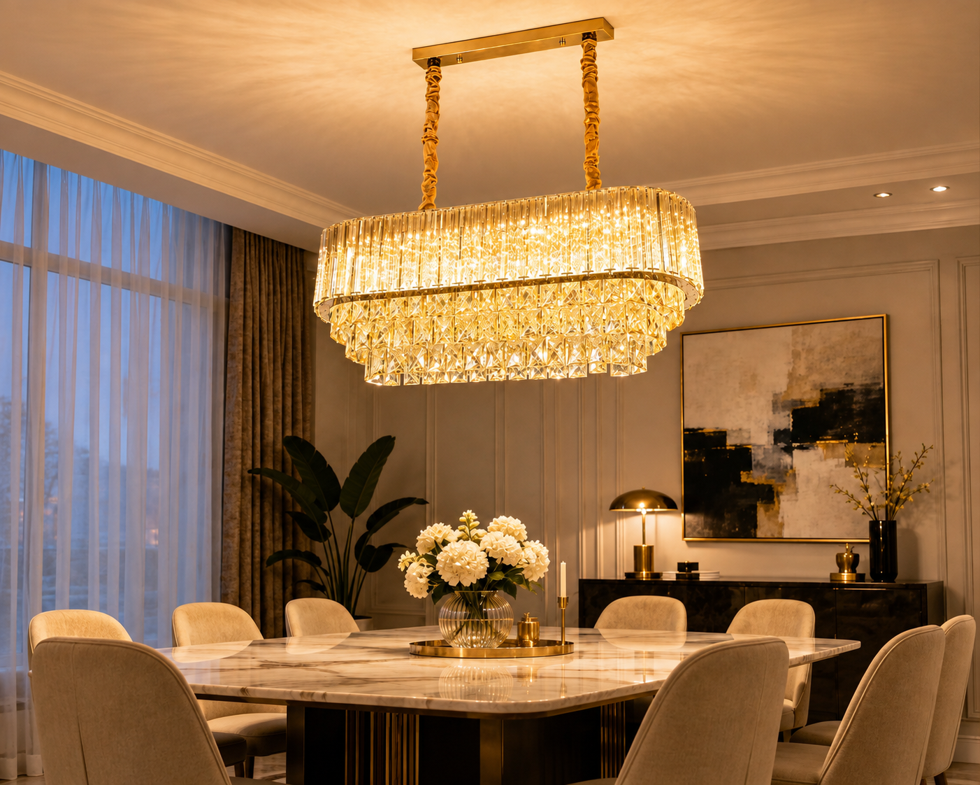 The Maison Crystal Chandelier displayed above a modern marble dining table in a luxury dining room, showcasing its warm LED glow, cascading crystal droplets, and brushed gold finish in an elegant contemporary interior.