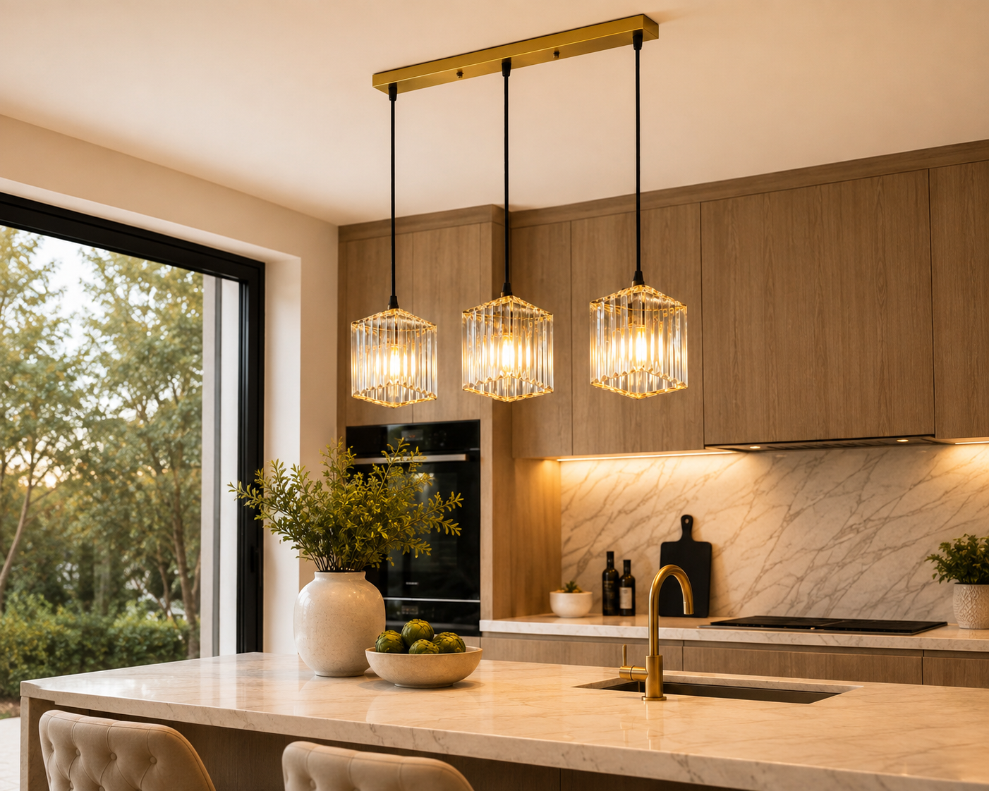 Rustic wooden beam chandelier illuminating a luxury farmhouse dining room with warm ambient lighting, natural wood finishes, and elegant contemporary décor.