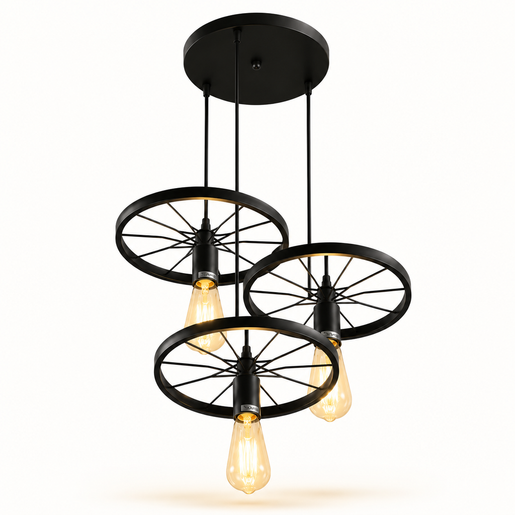 Industrial-style three-light pendant ceiling fixture with three black wheel-shaped shades and exposed warm-white Edison bulbs, suspended from a round black ceiling canopy on a white background.