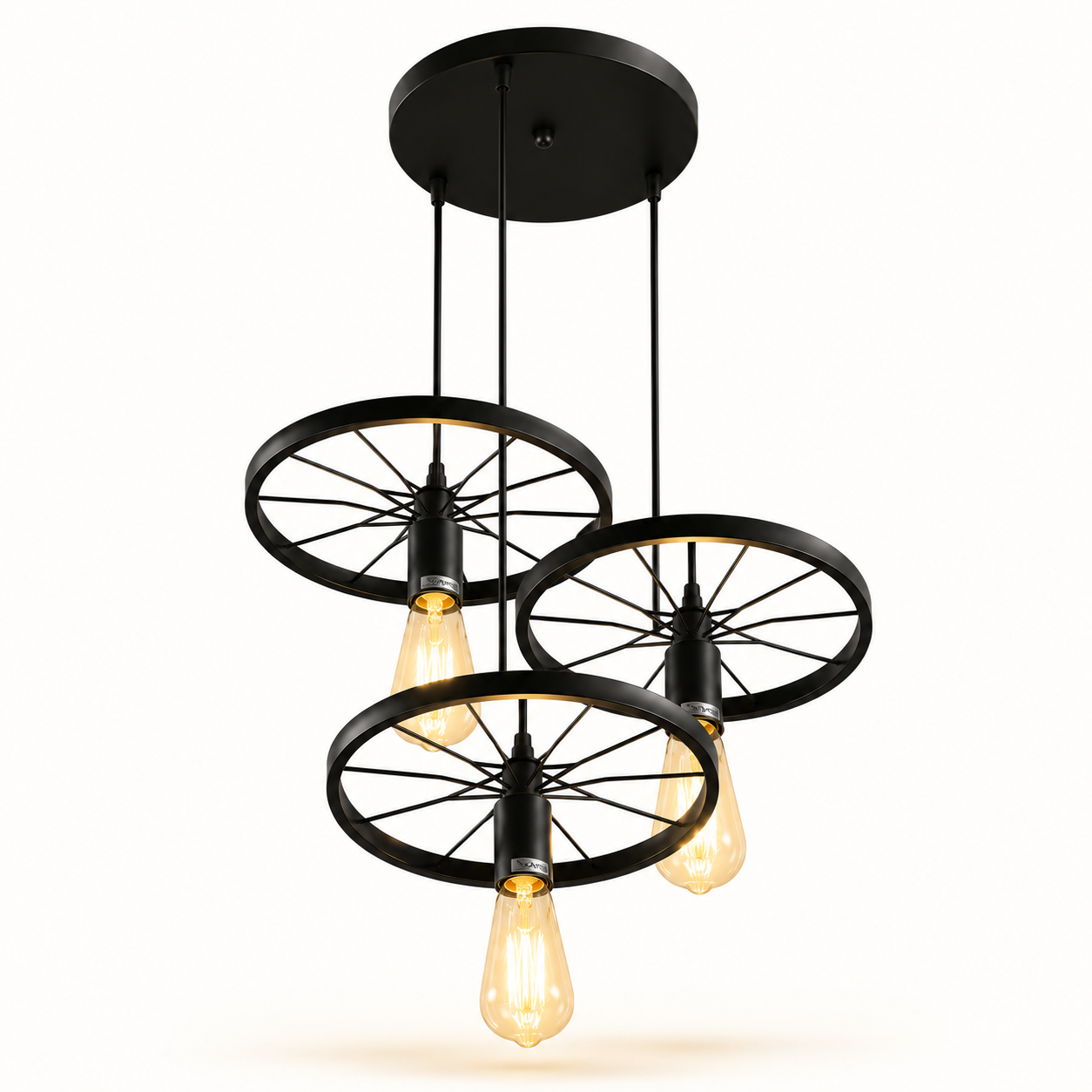 Industrial-style three-light pendant ceiling fixture with three black wheel-shaped shades and exposed warm-white Edison bulbs, suspended from a round black ceiling canopy on a white background.