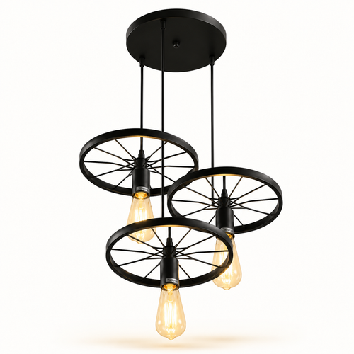 Industrial-style three-light pendant ceiling fixture with three black wheel-shaped shades and exposed warm-white Edison bulbs, suspended from a round black ceiling canopy on a white background.