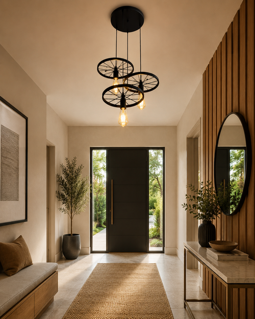 A modern entryway featuring a black metal chandelier with three interlocking wheel-like circular rings and exposed bulbs, hanging over a woven rug leading to a dark front door. The hallway has warm beige walls, a wood slat accent wall with a round mirror, and a console table with vases.
