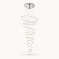 Luxury spiral LED chandelier with crystal ring design and chrome finish for modern staircase and foyer lighting.