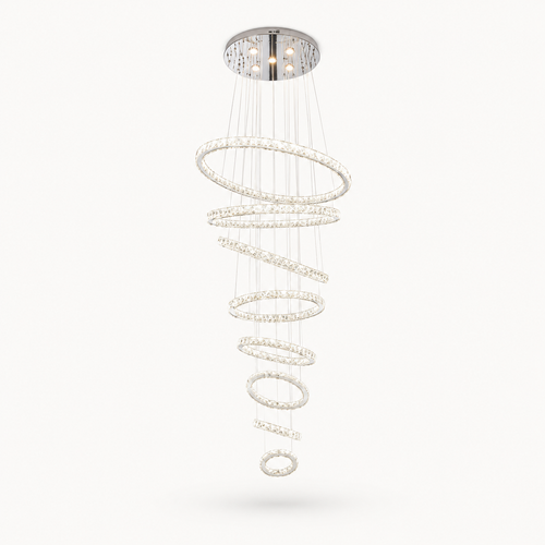 Luxury spiral LED chandelier with crystal ring design and chrome finish for modern staircase and foyer lighting.