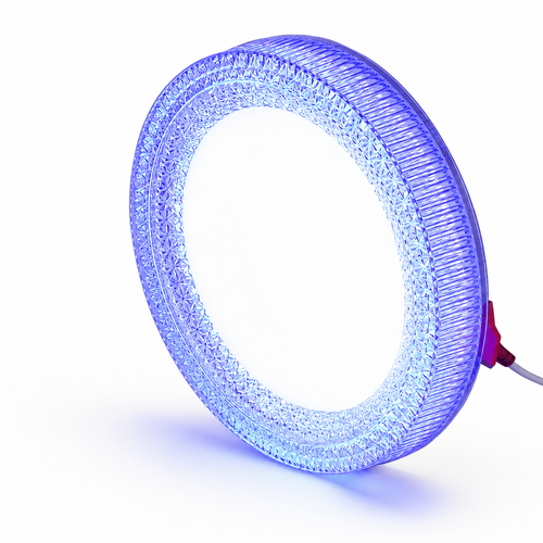 Modern crystal LED ceiling light with faceted circular design, cool blue illumination, and luxury contemporary flush mount lighting.