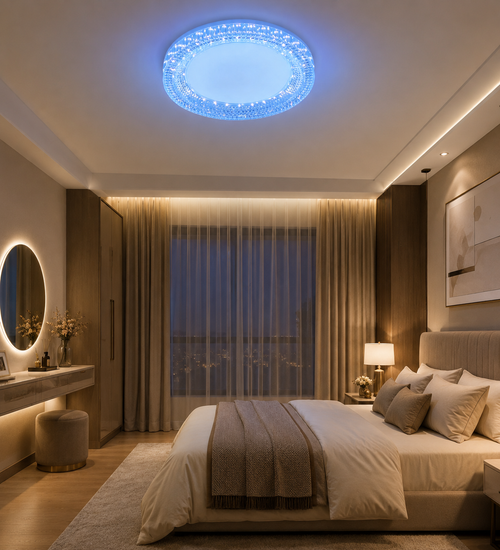 Luxury crystal flush mount ceiling light illuminating a sophisticated bedroom with warm ambient lighting and modern interior décor