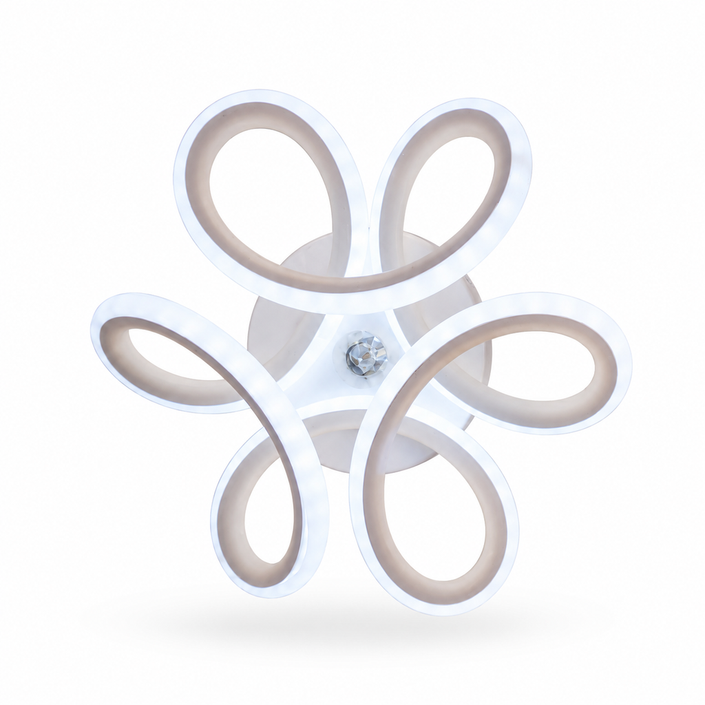 Modern floral LED ceiling light with six petal-shaped loops, integrated LED illumination, and contemporary white flush mount design.
