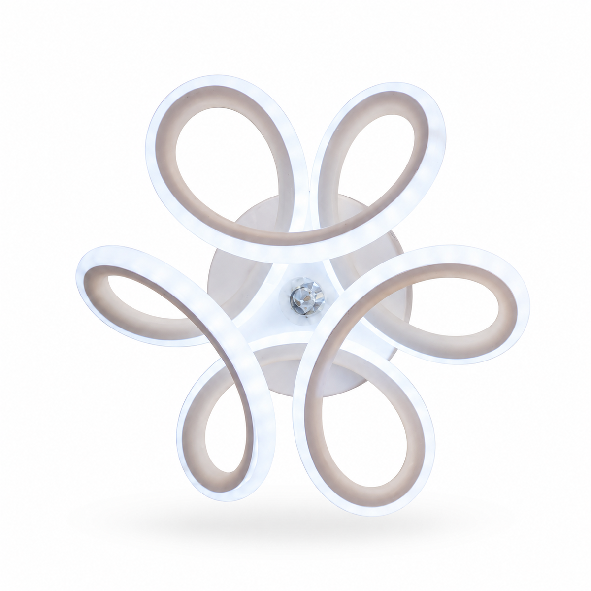 Modern floral LED ceiling light with six petal-shaped loops, integrated LED illumination, and contemporary white flush mount design.
