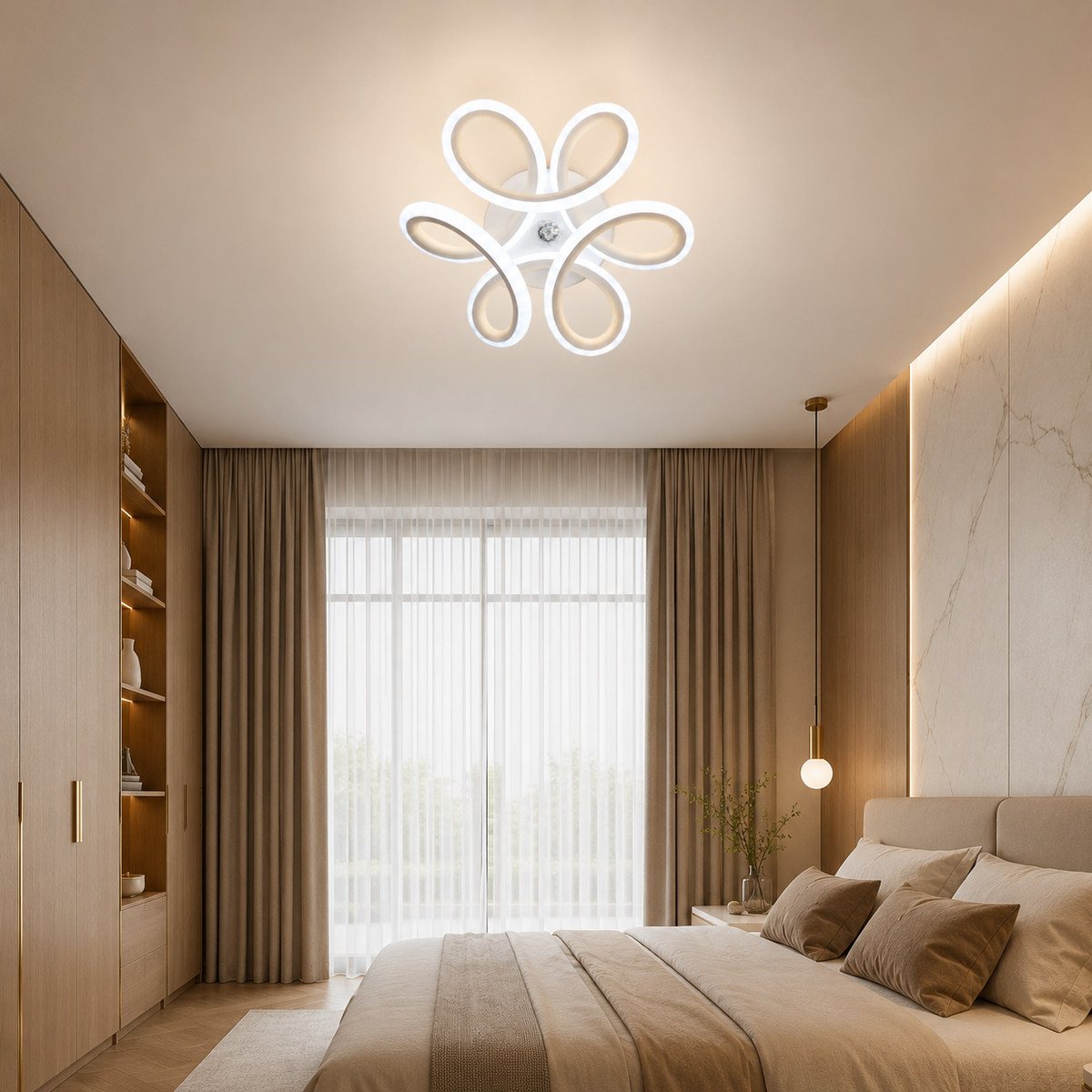Luxury flower-shaped LED ceiling light illuminating a stylish bedroom with soft ambient lighting and contemporary décor.