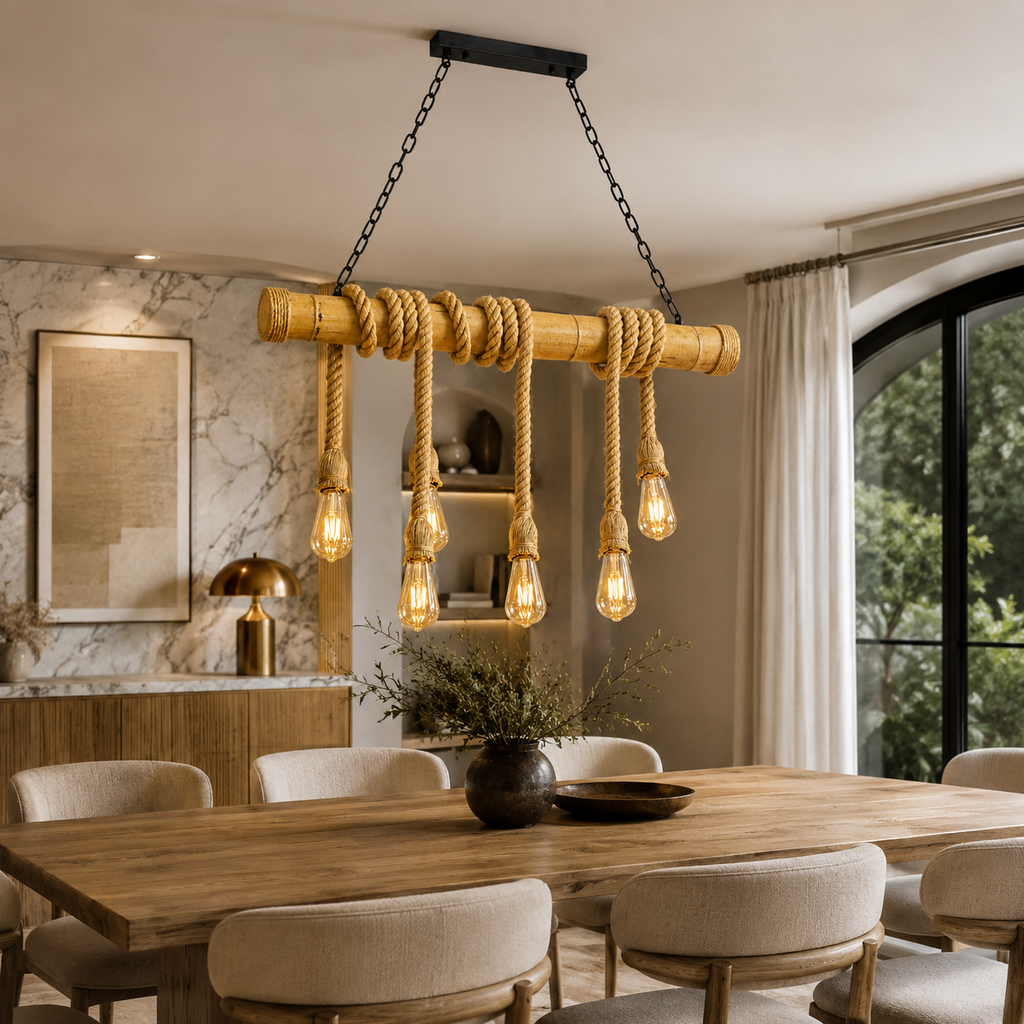 A rustic industrial-style pendant light hanging in a dining room. The light fixture features a natural bamboo rod wrapped with thick braided rope, with six hanging Edison-style light bulbs.