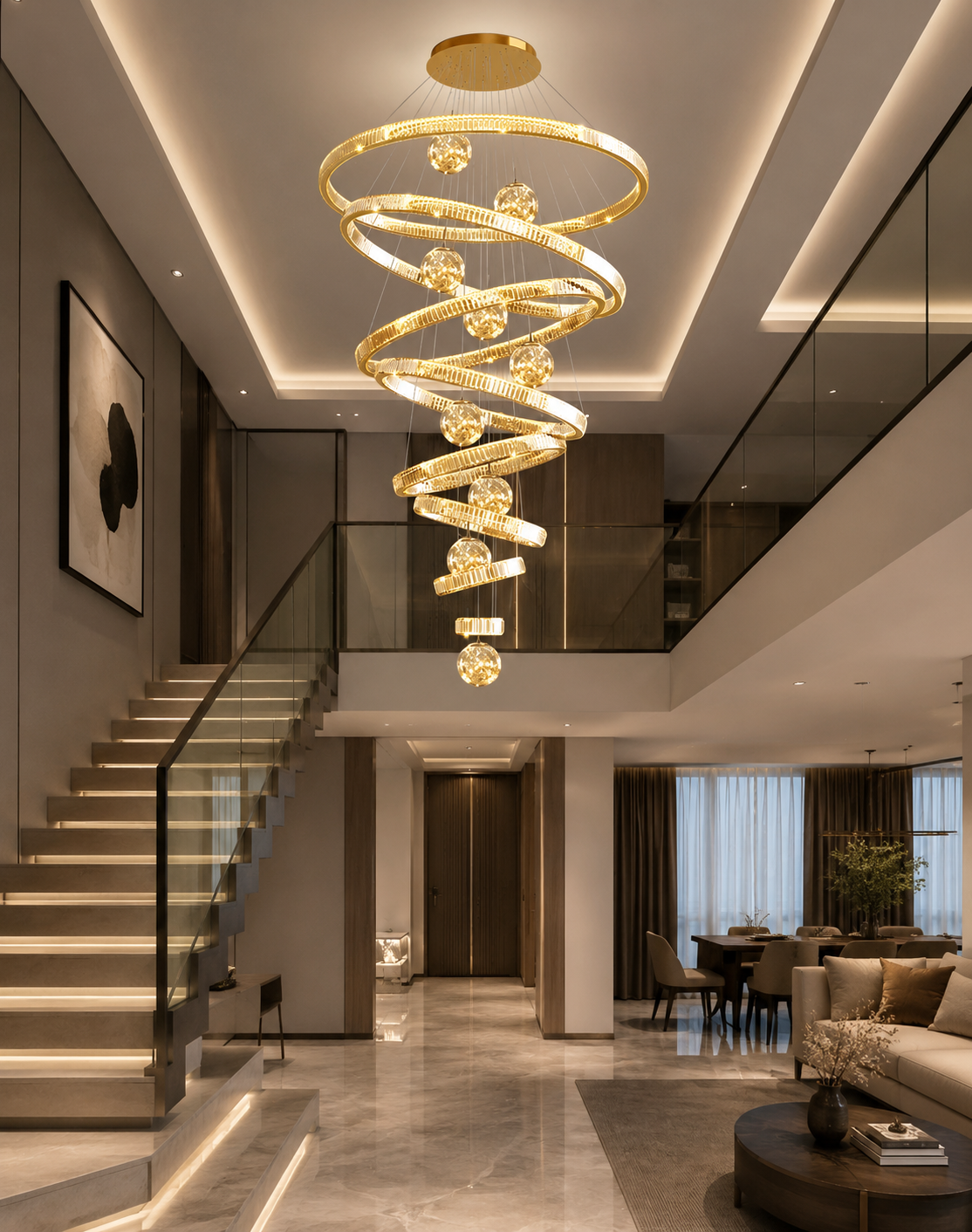 A modern spiral chandelier with gold-toned rings and clear crystal-like accents hangs in a spacious, contemporary home entryway with a staircase, dining area, and living room visible below.