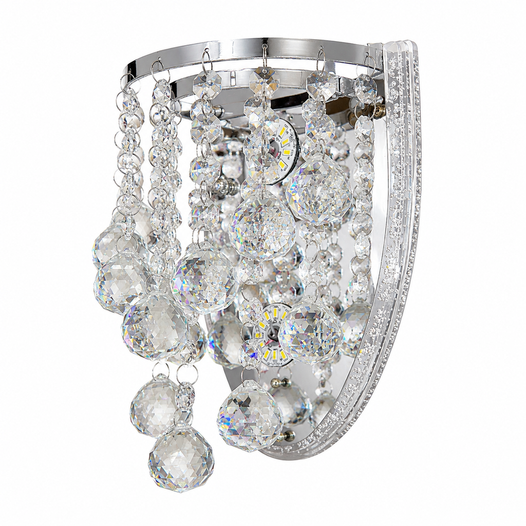 A modern wall-mounted chandelier featuring a polished silver-tone metal frame adorned with clear crystal beads, faceted crystal drops, and a crystal-embellished side panel, shown against a plain white background.