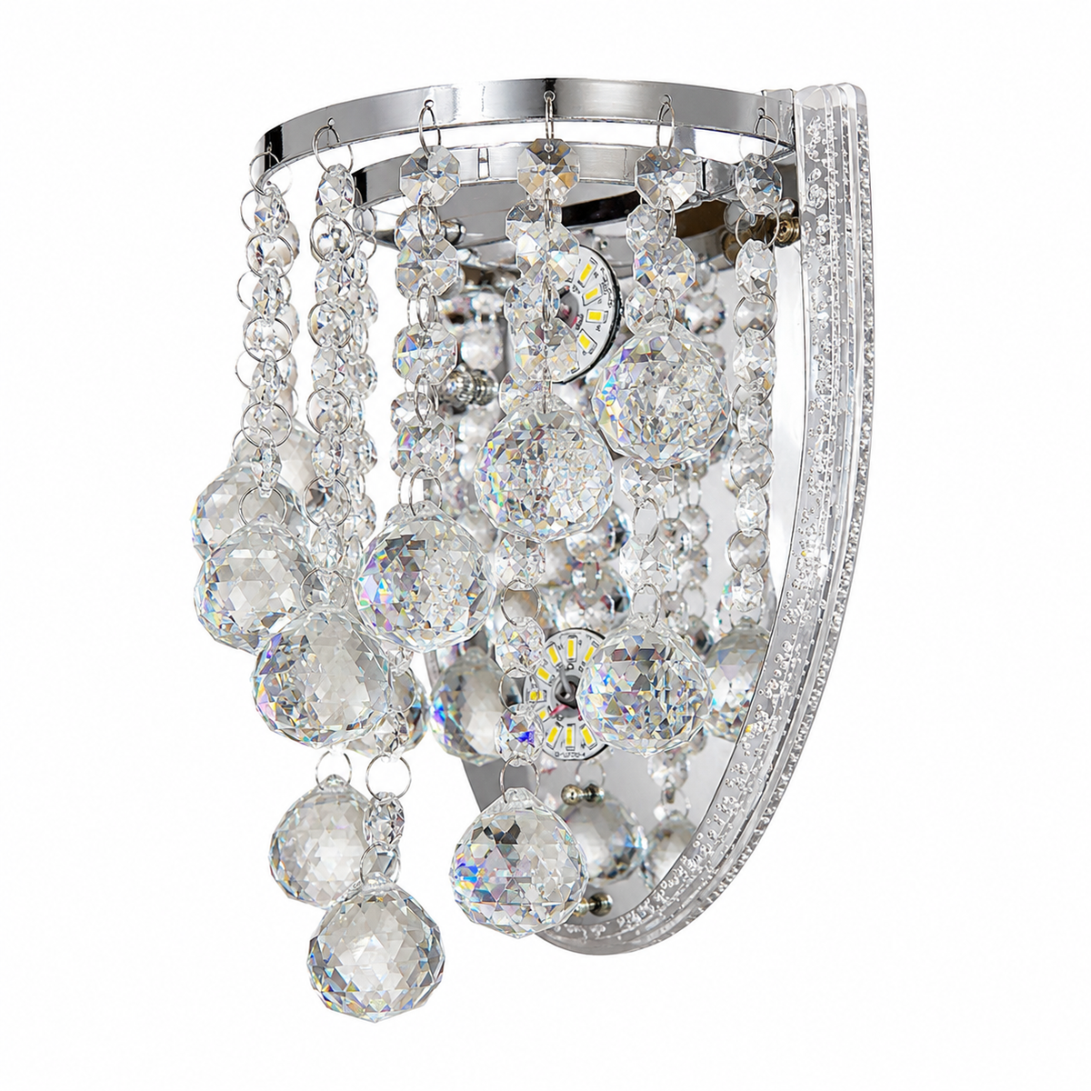 A modern wall-mounted chandelier featuring a polished silver-tone metal frame adorned with clear crystal beads, faceted crystal drops, and a crystal-embellished side panel, shown against a plain white background.