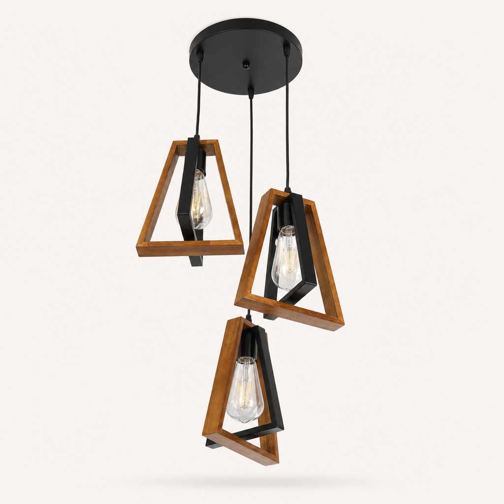 Three-light geometric pendant ceiling fixture with triangular wooden frames, black metal accents, and clear Edison-style bulbs, shown against a plain light background.