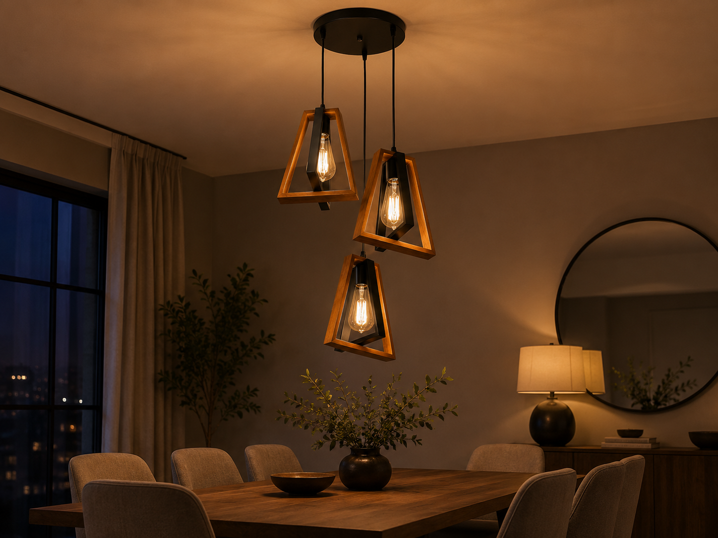 Three geometric pendant light fixtures with warm wood frames and black metal hardware hang over a dining table in a dimly lit modern dining room.
