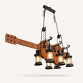 Luxury farmhouse wooden beam chandelier with six lantern pendant lights, black metal finish, and warm ambient lighting