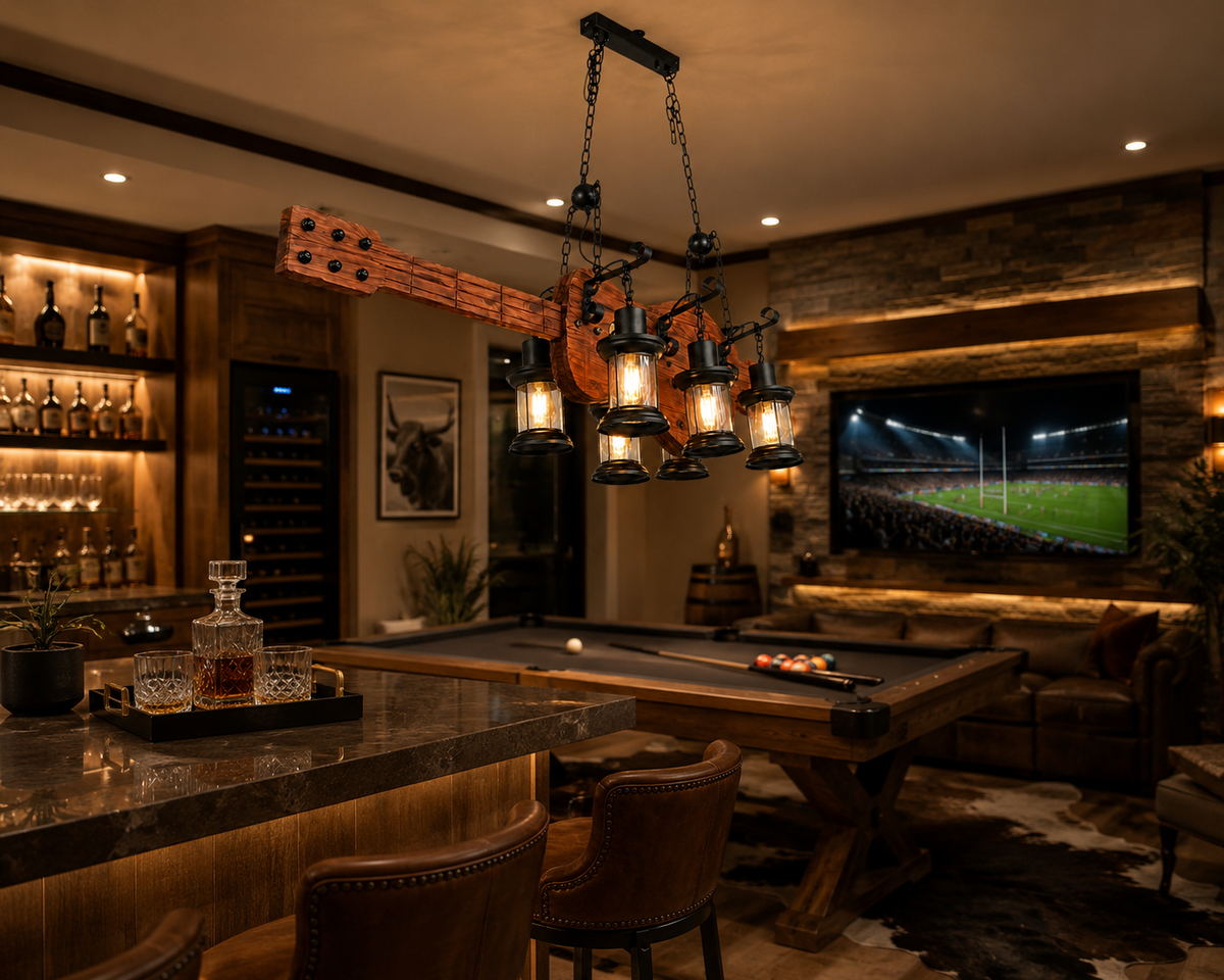 Industrial farmhouse wooden beam chandelier styled in a luxury home, featuring six vintage lantern lights and warm ambient illumination