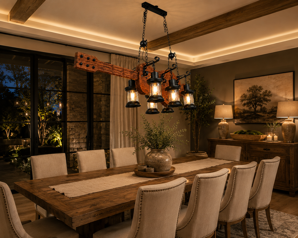 Rustic wooden beam chandelier illuminating a luxury farmhouse dining room with warm ambient lighting, natural wood finishes, and elegant contemporary décor.