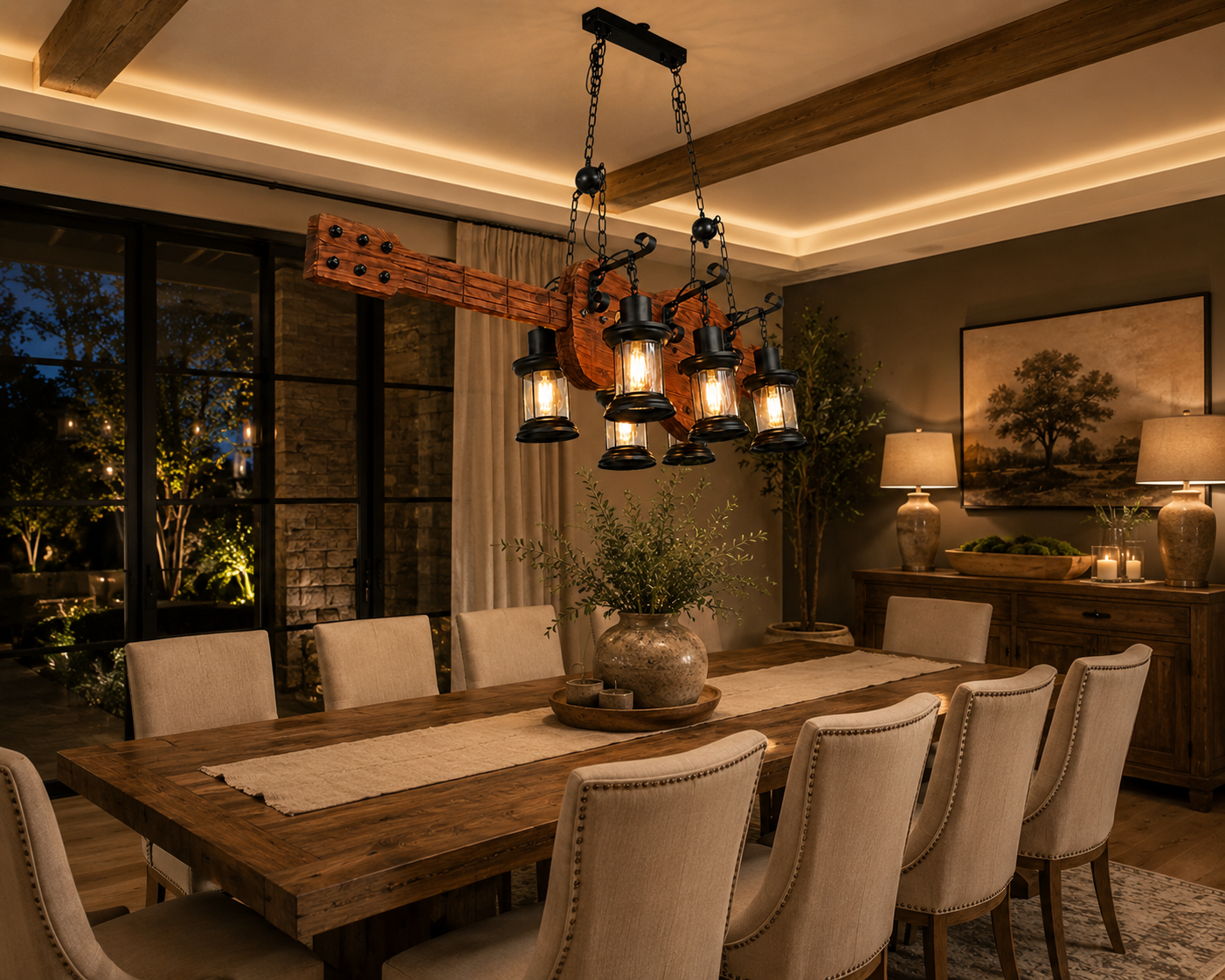 Rustic wooden beam chandelier illuminating a luxury farmhouse dining room with warm ambient lighting, natural wood finishes, and elegant contemporary décor.
