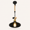 A hanging pendant light with a black metal shade and canopy, a natural rope-wrapped stem, and a visible warm bulb, shown against a plain light background.