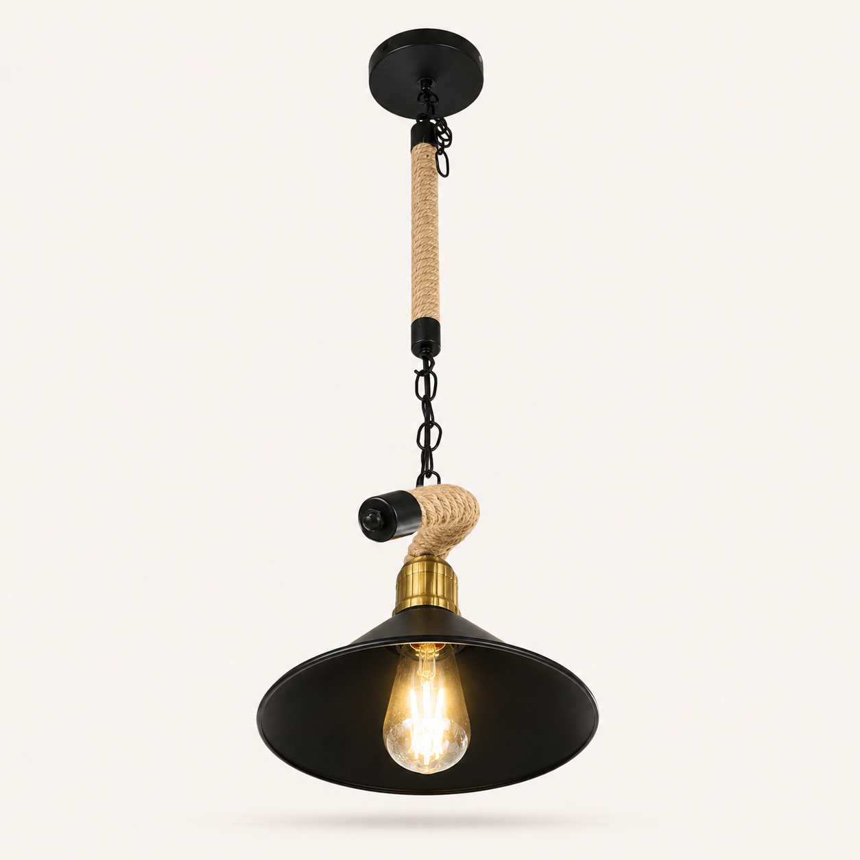 A hanging pendant light with a black metal shade and canopy, a natural rope-wrapped stem, and a visible warm bulb, shown against a plain light background.