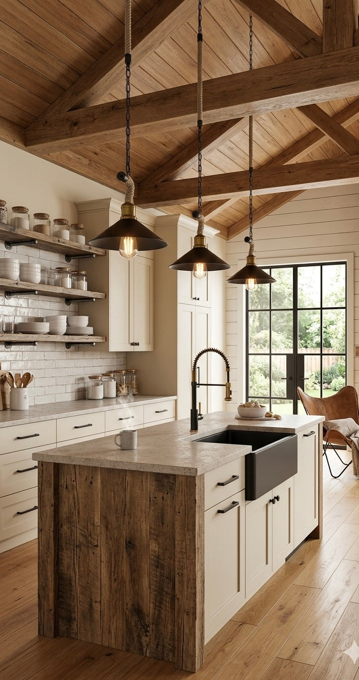 A rustic farmhouse-style kitchen with a large central island featuring a dark wood base and a stone countertop, white cabinetry, pendant lights, and a window looking out onto greenery.