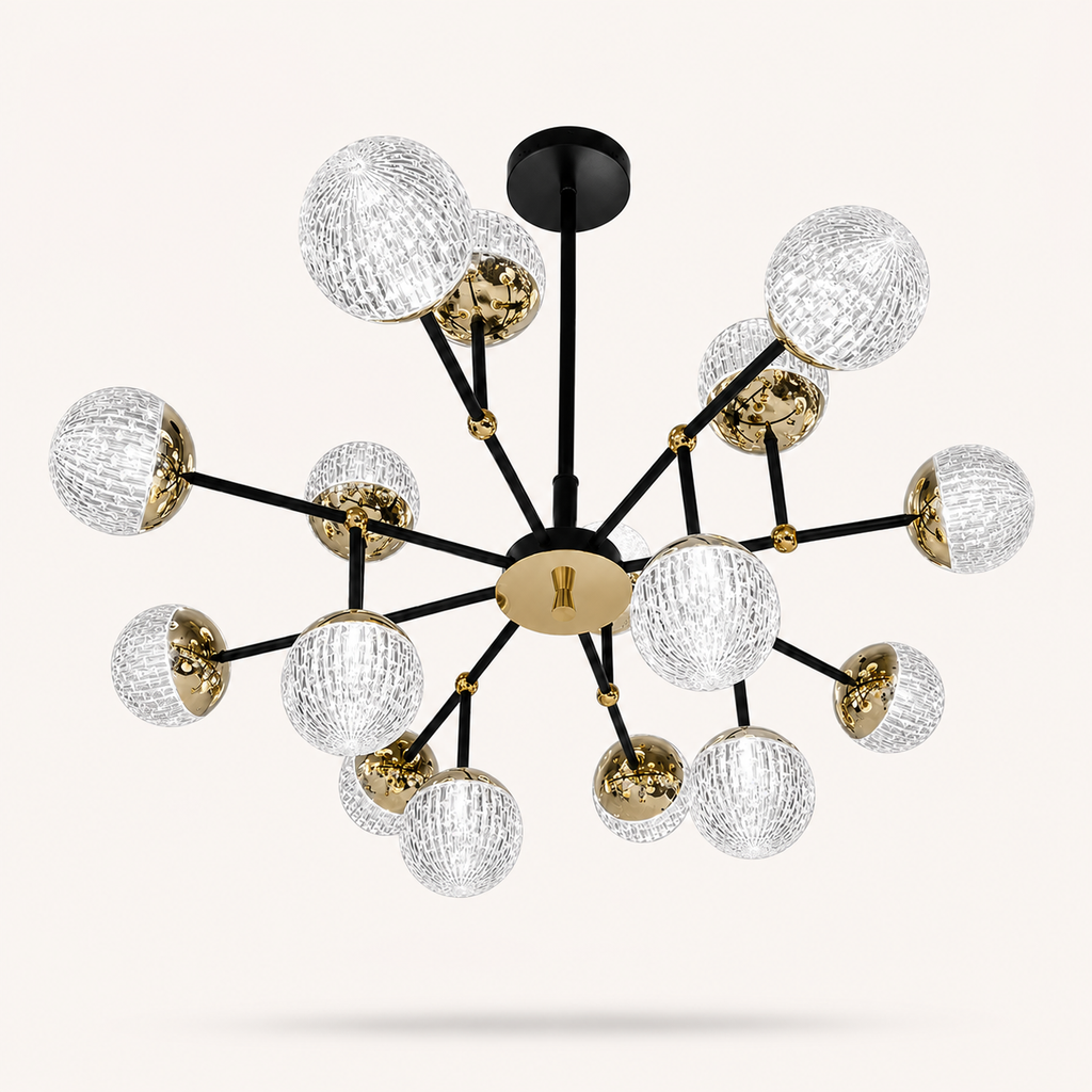 The Lumière Crystal Chandelier featuring a brushed gold rectangular frame, cascading crystal prisms, and integrated warm LED lighting, designed to elevate contemporary luxury living spaces.