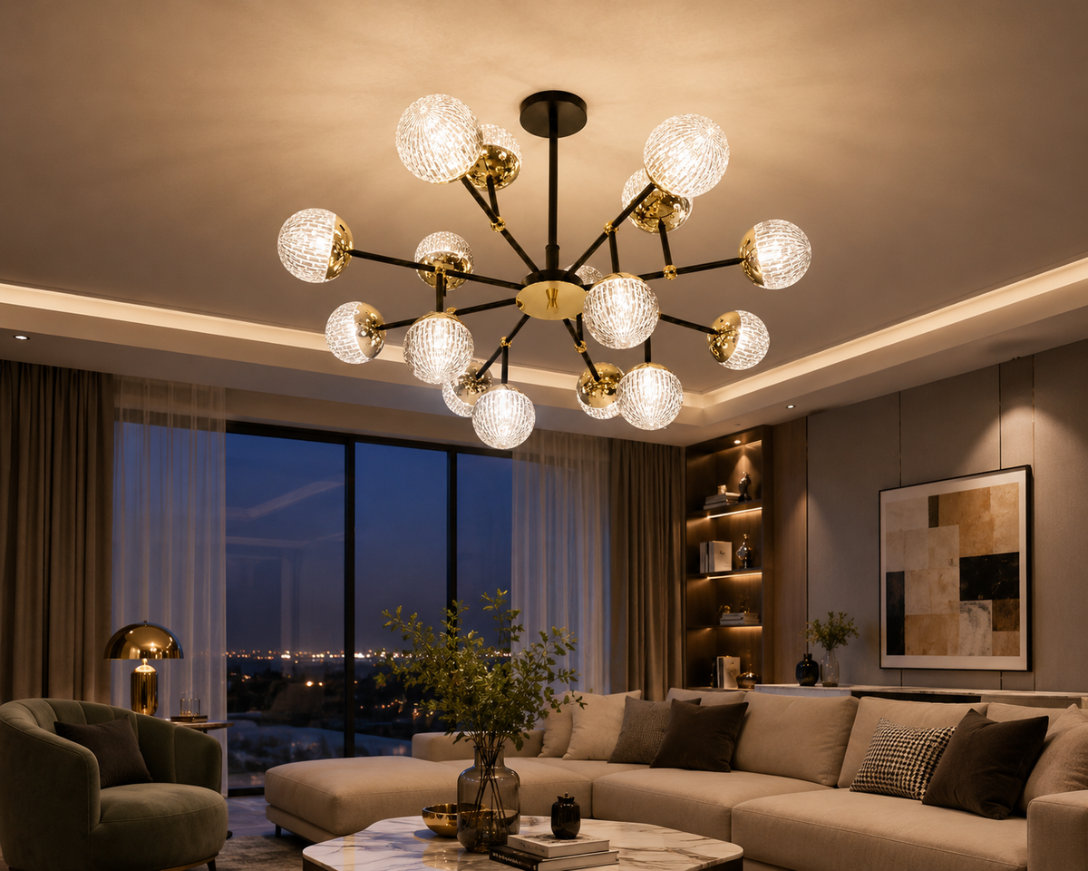 The Lumière Crystal Chandelier suspended above a contemporary living room, casting a warm, ambient glow that enhances the elegant furnishings and creates a welcoming atmosphere for relaxing and entertaining.