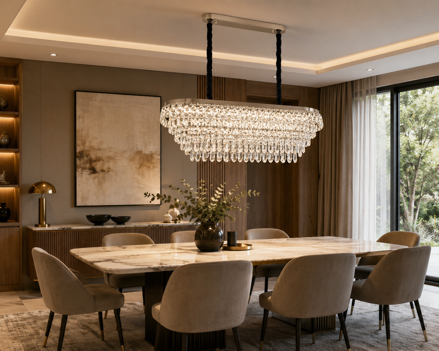 The Maison Crystal Chandelier displayed above a modern marble dining table in a luxury dining room, showcasing its warm LED glow, cascading crystal droplets, and brushed gold finish in an elegant contemporary interior.