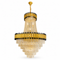 Modern gold crystal LED chandelier with cascading glass tiers and premium luxury ceiling light design.