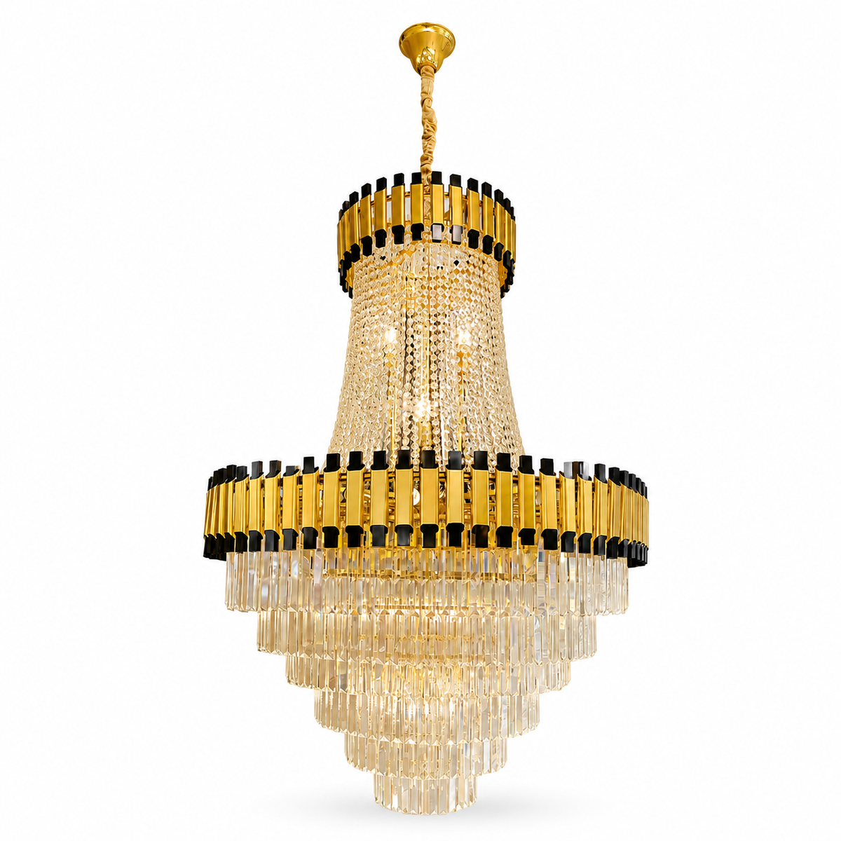 Modern gold crystal LED chandelier with cascading glass tiers and premium luxury ceiling light design.