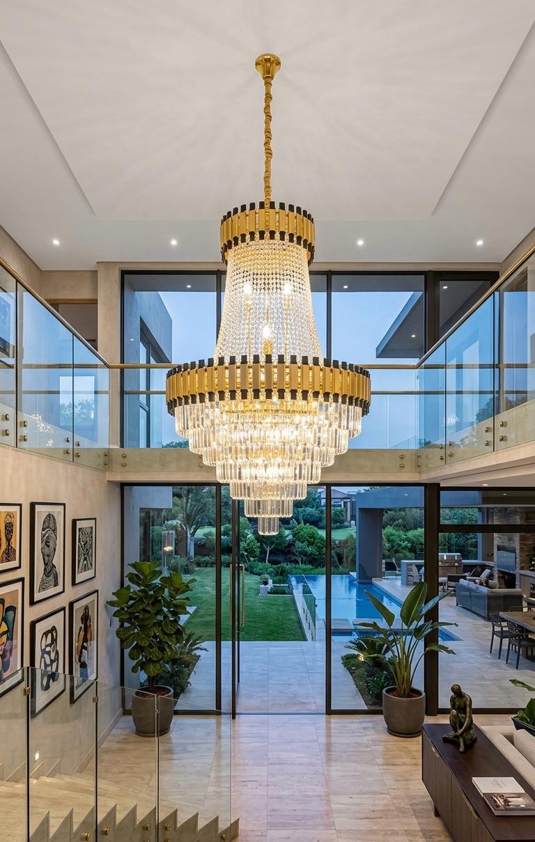 Modern gold crystal chandelier styled in a luxury contemporary home, adding timeless elegance and warm ambient lighting to the space.