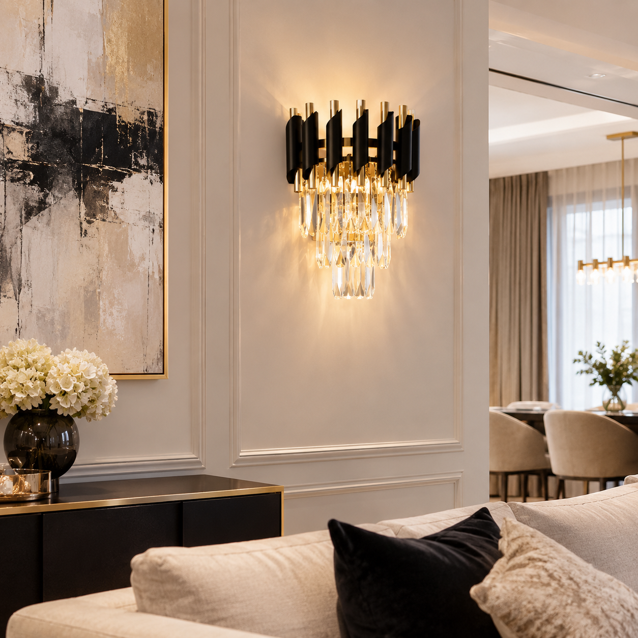 Modern black and gold crystal wall sconce featuring a premium metal finish and elegant ambient lighting for luxury interiors.
