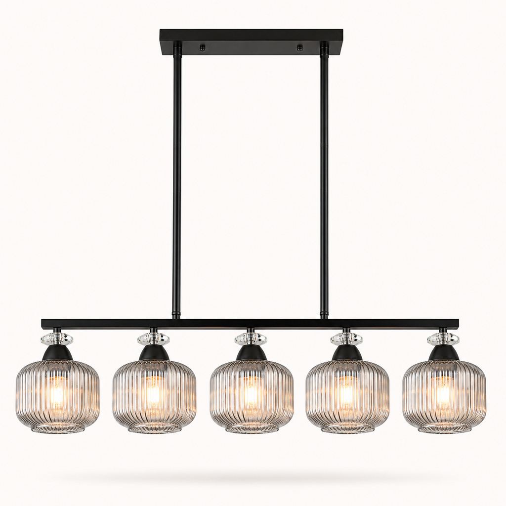 A modern 5-light linear chandelier with ribbed clear glass shades and a matte black metal frame, shown against a plain off-white background.