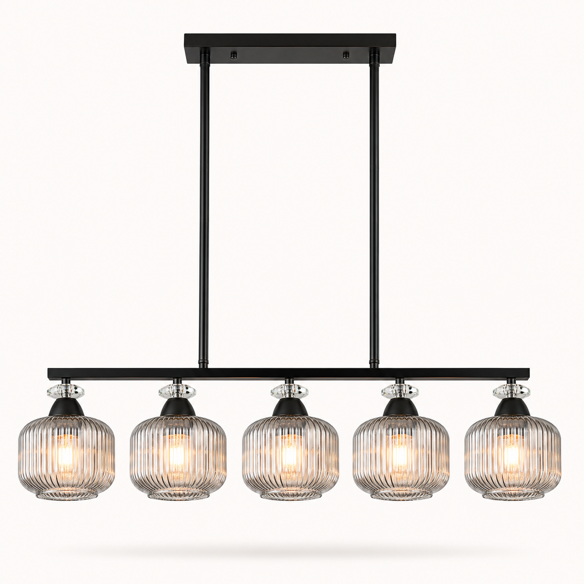 A modern 5-light linear chandelier with ribbed clear glass shades and a matte black metal frame, shown against a plain off-white background.