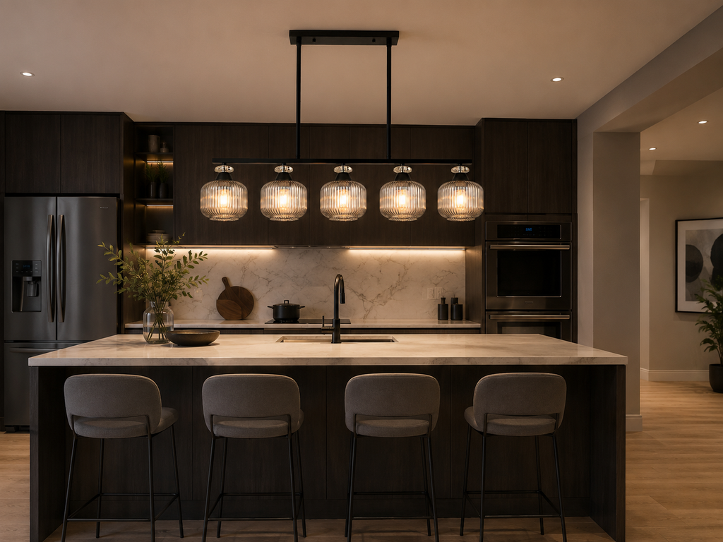 A modern kitchen island with a white stone countertop, dark wood cabinetry, four gray bar stools, and a black four-light linear pendant chandelier hanging above the sink.