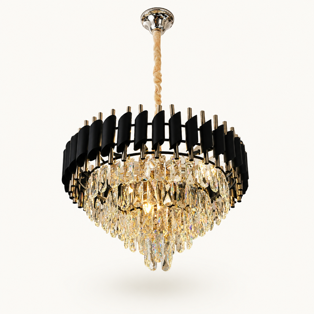 Modern black and gold crystal LED chandelier with luxury contemporary ceiling light design for dining rooms, living rooms, and elegant interiors."