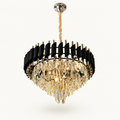 Modern black and gold crystal LED chandelier with luxury contemporary ceiling light design for dining rooms, living rooms, and elegant interiors."
