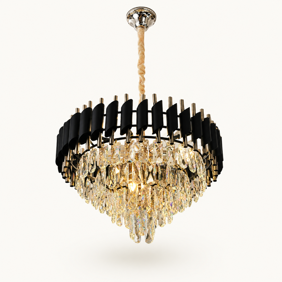 Modern black and gold crystal LED chandelier with luxury contemporary ceiling light design for dining rooms, living rooms, and elegant interiors."