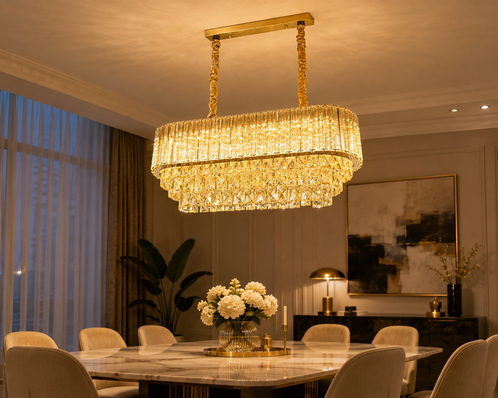 The Valora Crystal Chandelier suspended above a long marble dining table with upholstered taupe chairs in a sophisticated dining room, featuring warm wood paneling, contemporary artwork, floor-to-ceiling windows, and soft ambient lighting that creates an elegant, luxurious atmosphere.