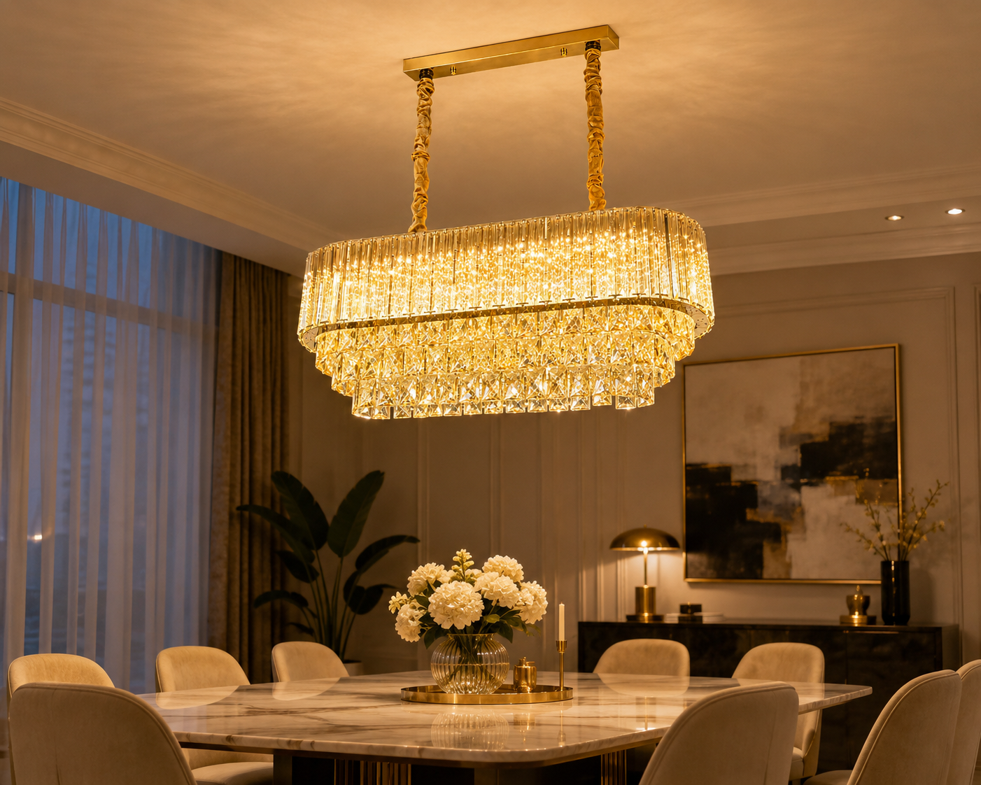 The Valora Crystal Chandelier suspended above a long marble dining table with upholstered taupe chairs in a sophisticated dining room, featuring warm wood paneling, contemporary artwork, floor-to-ceiling windows, and soft ambient lighting that creates an elegant, luxurious atmosphere.