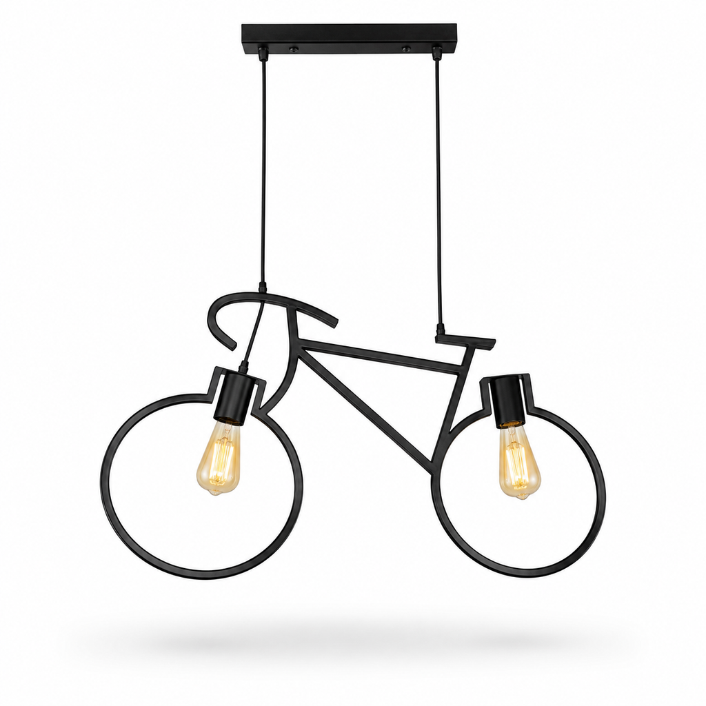 A black metal bicycle-shaped pendant light fixture with two hanging Edison-style bulbs, shown against a plain white background.