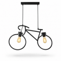 A black metal bicycle-shaped pendant light fixture with two hanging Edison-style bulbs, shown against a plain white background.
