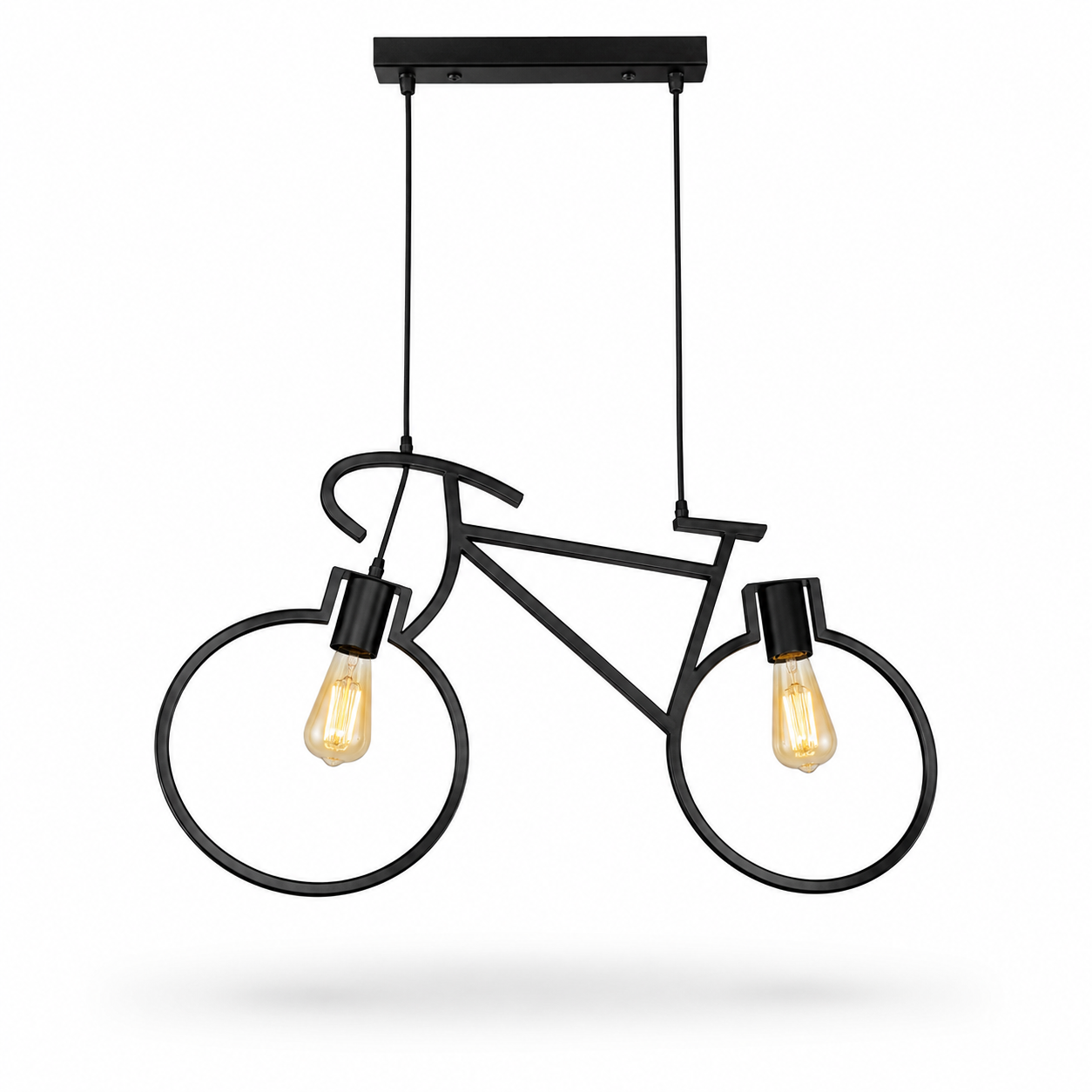 A black metal bicycle-shaped pendant light fixture with two hanging Edison-style bulbs, shown against a plain white background.