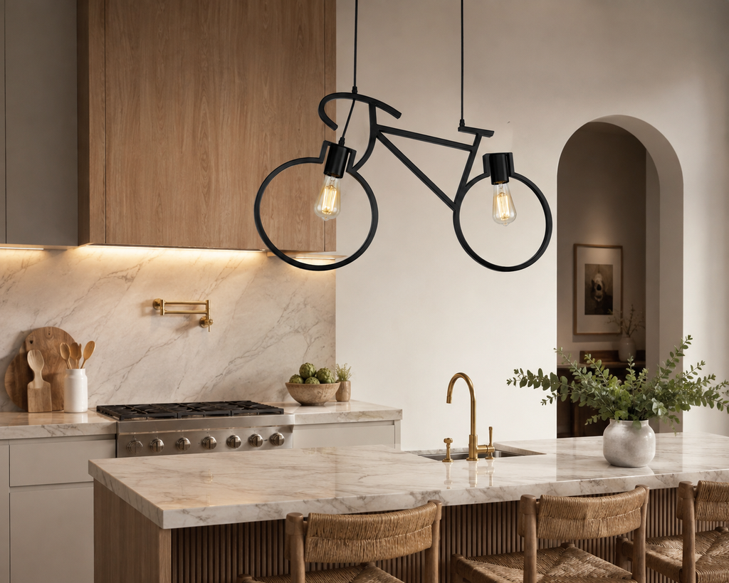 A bicycle-shaped pendant light with two exposed Edison bulbs hangs over a modern kitchen island with a marble countertop and wood cabinetry.
