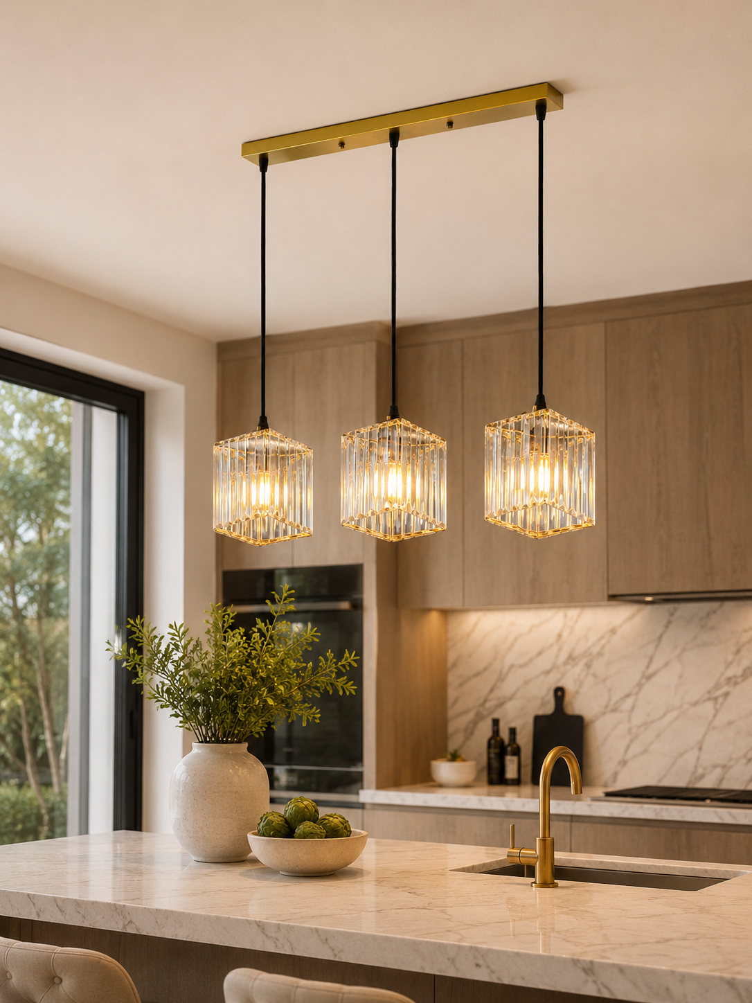 Three modern pendant lights with clear ribbed glass shades and warm gold-toned metal hardware, hanging over a marble kitchen island in a contemporary kitchen setting.
